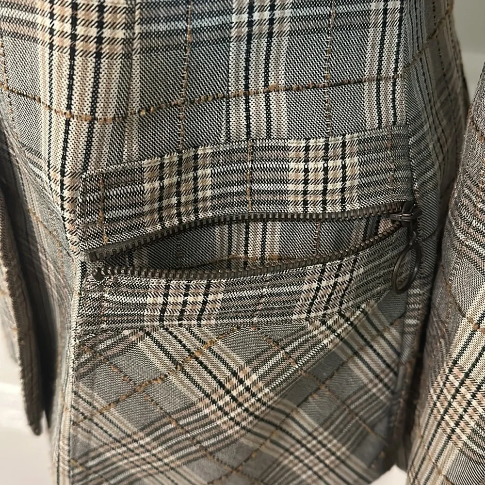 H&M | Vintage Neutral Brown Tan Plaid Blazer Large Lapel Button Down Coat - Picture 6 of 11